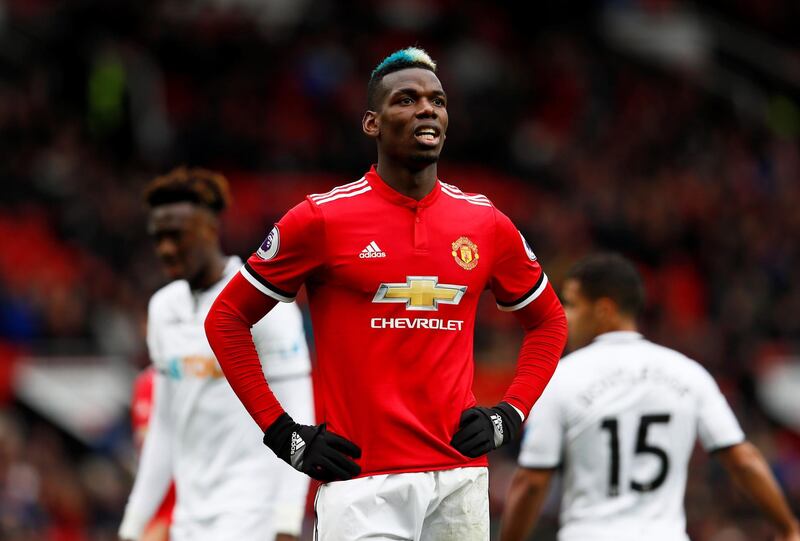 Soccer Football - Premier League - Manchester United vs Swansea City - Old Trafford, Manchester, Britain - March 31, 2018   Manchester United's Paul Pogba    Action Images via Reuters/Jason Cairnduff    EDITORIAL USE ONLY. No use with unauthorized audio, video, data, fixture lists, club/league logos or "live" services. Online in-match use limited to 75 images, no video emulation. No use in betting, games or single club/league/player publications.  Please contact your account representative for further details.