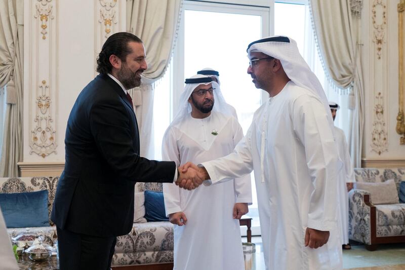 ABU DHABI, UNITED ARAB EMIRATES - October 07, 2019: ABU DHABI, UNITED ARAB EMIRATES - October 07, 2019: HH Sheikh Hamed bin Zayed Al Nahyan, Chairman of the Crown Prince Court of Abu Dhabi and Abu Dhabi Executive Council Member (R), receives HE Saad Hariri, Prime Minister of Lebanon (L), during a Sea Palace barza. 

( Rashed Al Mansoori / Ministry of Presidential Affairs )
---