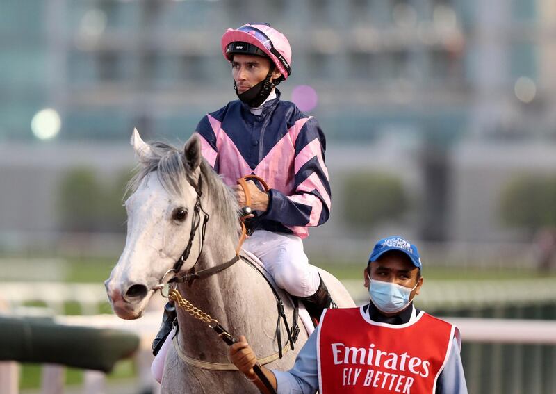 Dubai, United Arab Emirates - Reporter: Amith Passela. Sport. Horse Racing. Lord Glitters ridden by Daniel Tudhope (pink) wins the Jebel Hatta on Super Saturday at Meydan. Dubai. Saturday, March 6th, 2021. Chris Whiteoak / The National