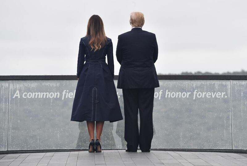 US President Donald Trump and First Lady Melania Trump arrive at the site of a new memorial in Shanksville, Pennsylvania. AFP