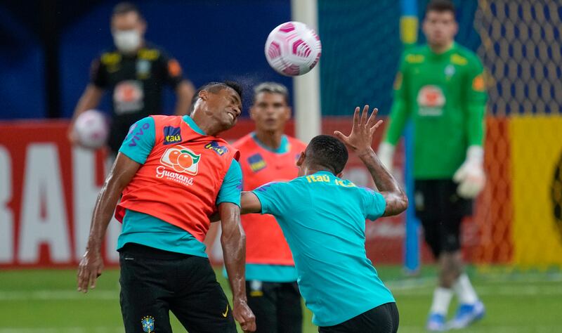 Brazil's Alex Sandro, left, and Gabriel Jesus. AP Photo