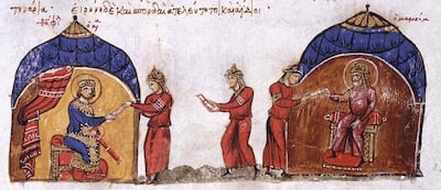 MP9Y04 . English: Abbasid Caliph al-Mamun sends an envoy to Byzantine Emperor Theophilos . 23 September 2012, 18:34:37. Unknown, 13th-century author 847 Mamun sends an envoy to Theophilos