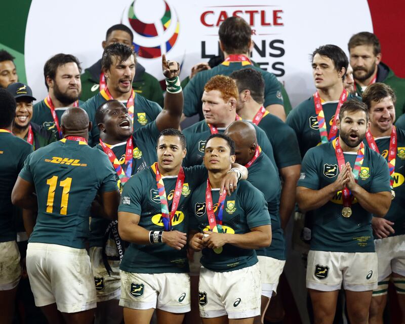 South Africa's Cheslin Kolbe and Herschel Jantjies celebrates at the Cape Town Stadium.