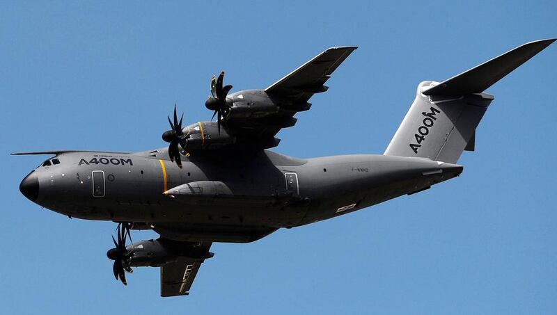 The Airbus A400M military transport plane flies at the opening day of the Farnborough International Airshow. Andy Rain / EPA