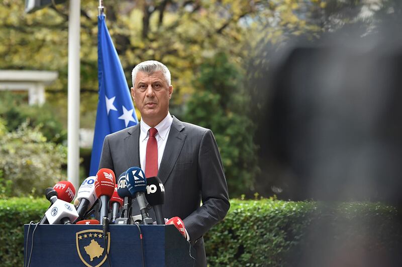 Kosovo president Hashim Thaci addresses the nation as he announced his resignation to face war crimes charges in Kosovo capital Pristina on Thursday, Nov. 5, 2020. Thaci, a guerrilla leader during Kosovoâ€™s war for independence, has resigned in order to face charges for war crimes and crimes against humanity issued by at a special court based in The Hague, Netherlands. Thaci announced his resignation at a news conference on Thursday. He said he was taking the step â€œto protect the integrity of the presidency of Kosovo.â€ (AP Photo/Visar Kryeziu)
