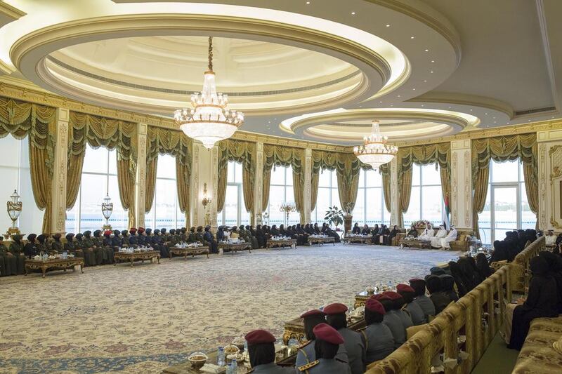 Sheikh Mohammed bin Zayed addresses a group of one hundred and fifty women representing local and federal government entities, Abu Dhabi Police and the Armed Forces on the occasion of Emirati Women’s Day, during a Sea Palace barza. Mohamed Al Hammadi / Crown Prince Court - Abu Dhabi