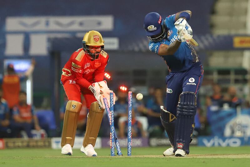 Suryakumar Yadav of Mumbai Indians is clean bowled on Tuesday. Sportzpics for IPL