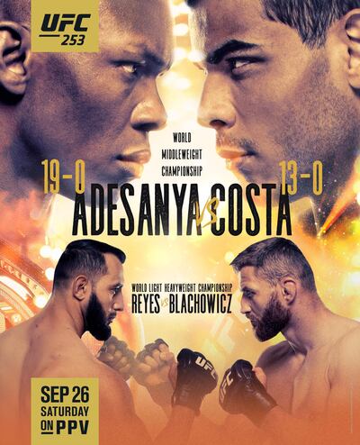 Middleweight title fight between Israel Adesanya and Paulo Costa tops the UFC 253 card. Courtesy UFC