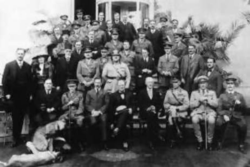 1921, Cairo, Egypt --- The delegates of the Mespot Commission at the Cairo Conference. The group was set up by Colonial Secretary Winston Churchill to discuss the future of Arab nations. Included in the photograph are Gertrude Bell (second from left, second row), T E Lawrence (fourth from the right, second row) and Winston Churchill (centre front row).  Hulton-Deutsch Collection/CORBIS