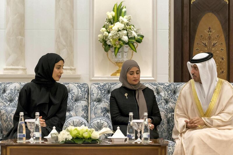ABU DHABI, UNITED ARAB EMIRATES -October 31, 2017: (R-L) HE Dr Ahmed Abdullah Humaid Belhoul Al Falasi, UAE Minister of State for Higher Education and Advanced Skills, HE Ohoud Khalfan Al Roumi, UAE Minister of State for Happiness and Wellbeing, and HE Shamma Suhail Al Mazrouei, UAE Minister of State for Youth Affairs, attend a swearing-in ceremony for newly appointed ministers, at Mushrif Palace. 

( Rashed Al Mansoori / Crown Prince Court - Abu Dhabi )
---