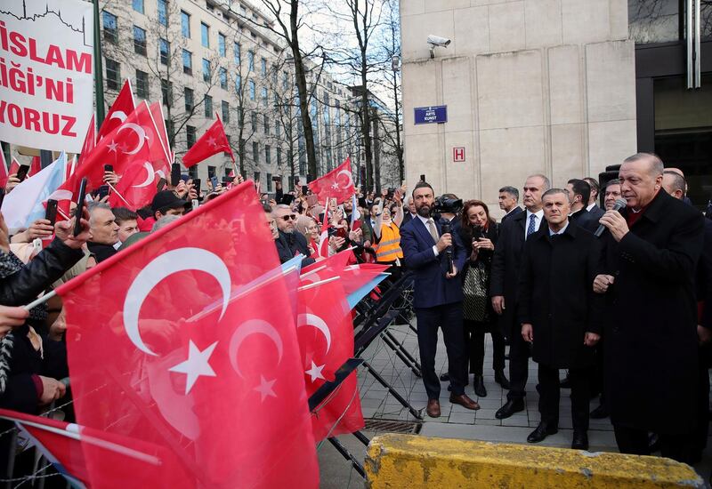 Turkish President  Erdogan addresses his supporters in Brussels, Belgium.  Reuters
