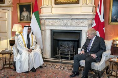 Sheikh Mohamed bin Zayed, Crown Prince of Abu Dhabi and Deputy Supreme Commander of the UAE Armed Forces (L), meets with The Rt Hon Boris Johnson, Prime Minister of the United Kingdom (R), at No 10 Downing Street.  Ministry of Presidential Affairs