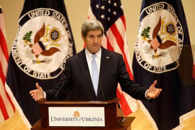 John Kerry delivers his first foreign policy speech on Wednesday at the University of Virginia. Steve Helber / AP Photo