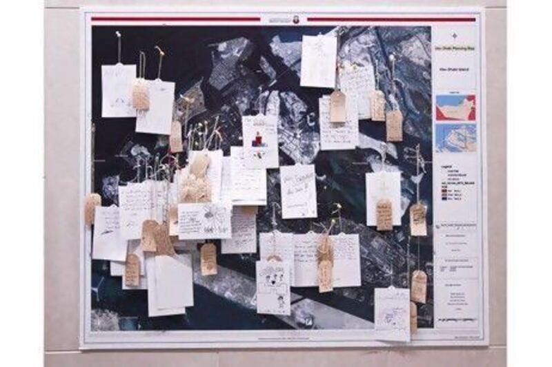 The Map Project involved visitors pinning their favorite location in the city onto a map of the island. This is one of the three panels that make up Abu Dhabi. Lee Hoagland / The National