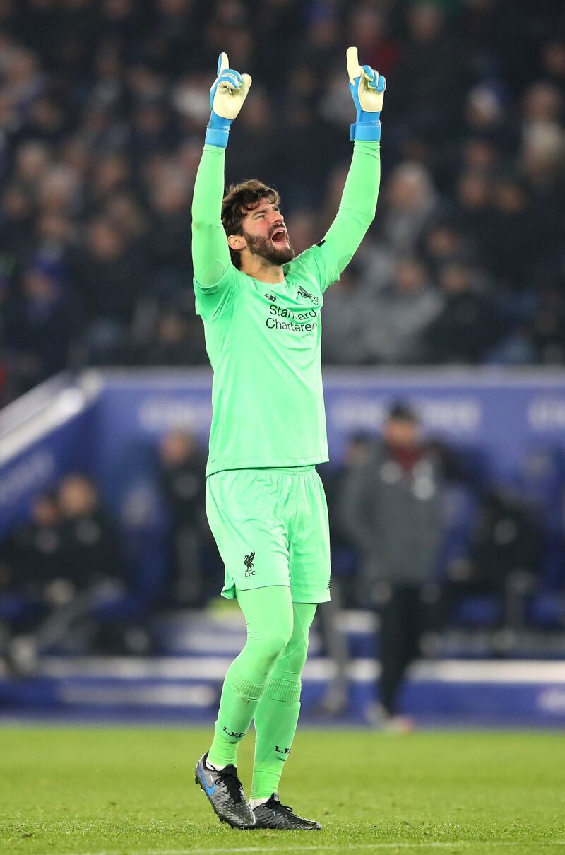 Alisson Becker of Liverpool during the match against Leicester City at The King Power Stadium. Getty Images
