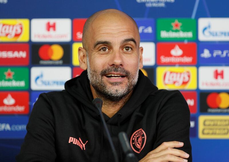 Manager Pep Guardiola during the press conference for Manchester City's Champions League clash with Shakhtar Donetsk. Reuters