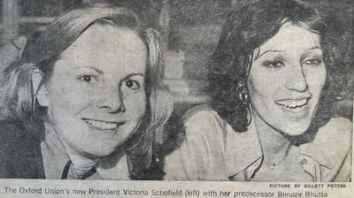 A photo of Victoria Schofield and Benazri Bhutto when they were students at Oxford. Photo by Billett Potter, courtesy of Victoria Schofield