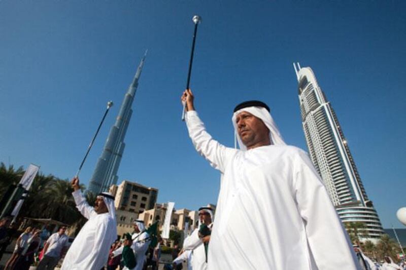 Dubai, United Arab Emirates, Dec 02, 2012 -  The music band leader during the national day parade at Emaar boulevar , downtown Dubai.( Jaime Puebla / The National Newspaper )