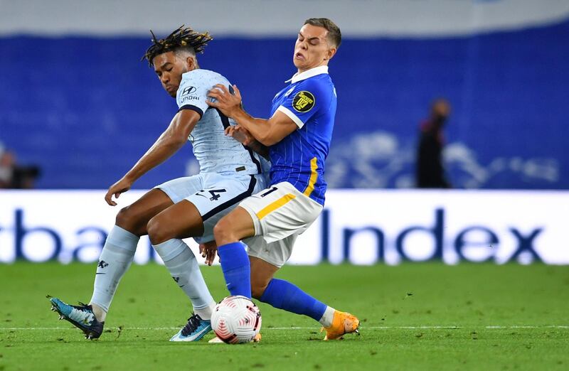 Chelsea's English defender Reece James (L) is challenged by Brighton's Belgian midfielder Leandro Trossard during the English Premier League football match between Brighton and Hove Albion and Chelsea at the American Express Community Stadium in Brighton, southern England on September 14, 2020. RESTRICTED TO EDITORIAL USE. No use with unauthorized audio, video, data, fixture lists, club/league logos or 'live' services. Online in-match use limited to 120 images. An additional 40 images may be used in extra time. No video emulation. Social media in-match use limited to 120 images. An additional 40 images may be used in extra time. No use in betting publications, games or single club/league/player publications.
 / AFP / POOL / Glyn KIRK / RESTRICTED TO EDITORIAL USE. No use with unauthorized audio, video, data, fixture lists, club/league logos or 'live' services. Online in-match use limited to 120 images. An additional 40 images may be used in extra time. No video emulation. Social media in-match use limited to 120 images. An additional 40 images may be used in extra time. No use in betting publications, games or single club/league/player publications.
