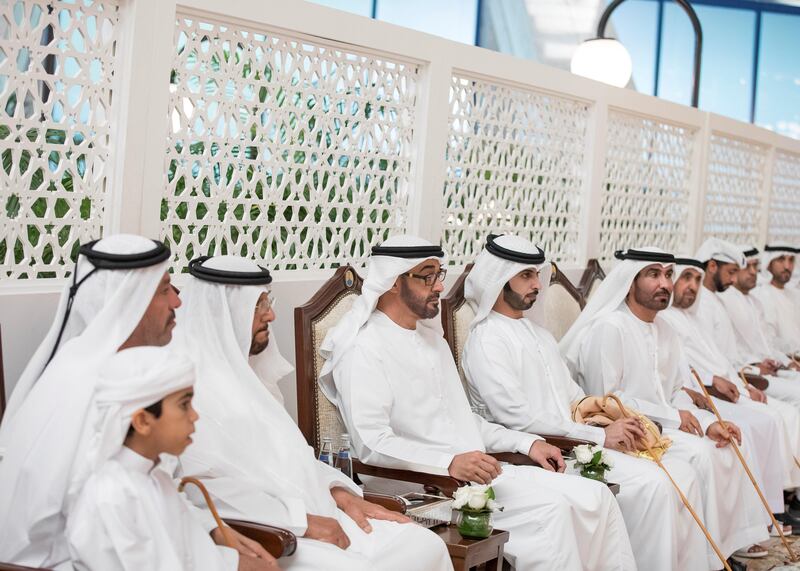 ABU DHABI, UNITED ARAB EMIRATES - July 18, 2017: HH Sheikh Mohamed bin Zayed Al Nahyan Crown Prince of Abu Dhabi Deputy Supreme Commander of the UAE Armed Forces (4th L) attends the wedding reception of Saeed Juma Al Ghuwais (5th L), at Armed Forces Officers Club. Seen with Juma Al Ghuwais (6th L) and HH Sheikh Mohamed bin Butti Al Hamed (3rd L).

( Mohamed Al Hammadi / Crown Prince Court - Abu Dhabi )
---