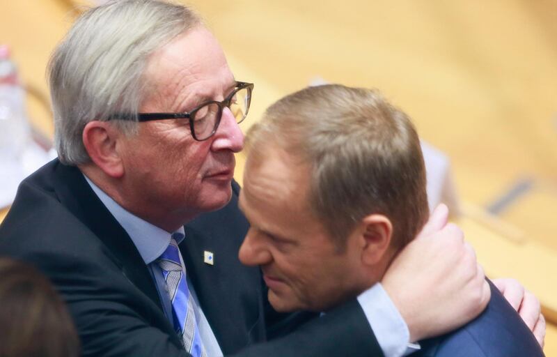European Council President Donald Tusk and Juncker talk before the summit. Reuters
