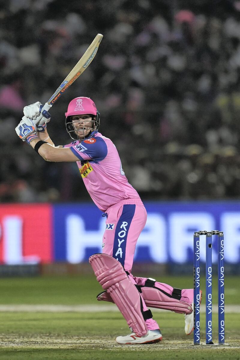 Rajasthan Royals captain Steve Smith plays a shot during the 2019 Indian Premier League (IPL) Twenty20 cricket match between Rajasthan Royals and Sunrisers Hyderabad at the Sawai Mansingh Stadium in Jaipur on April 27, 2019. (Photo by Money SHARMA / AFP) / ----IMAGE RESTRICTED TO EDITORIAL USE - STRICTLY NO COMMERCIAL USE-----