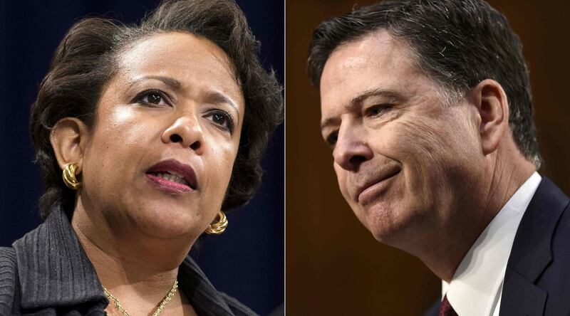 (COMBO) This combination of file pictures created on November 22, 2018 shows, US Attorney General Loretta Lynch speaking in Washington, DC, November 17, 2016; former FBI Director James Comey testifies in Washington, DC, June 8, 2017.
 House Judiciary Committee Chairman Bob Goodlatte, Republican of Virginia, late November 21, 2018, issued subpoenas to Comey and Lynch, according to media reports. The subpoenas asks that Comey and Lynch testify at a deposition not at a hearing. / AFP / SAUL LOEB
