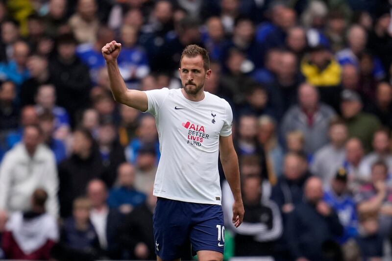 Tottenham's Harry Kane celebrates scoring his side's first goal  in the 3-1 win against Leicester at Tottenham Hotspur Stadium on May 1, 2022. AP