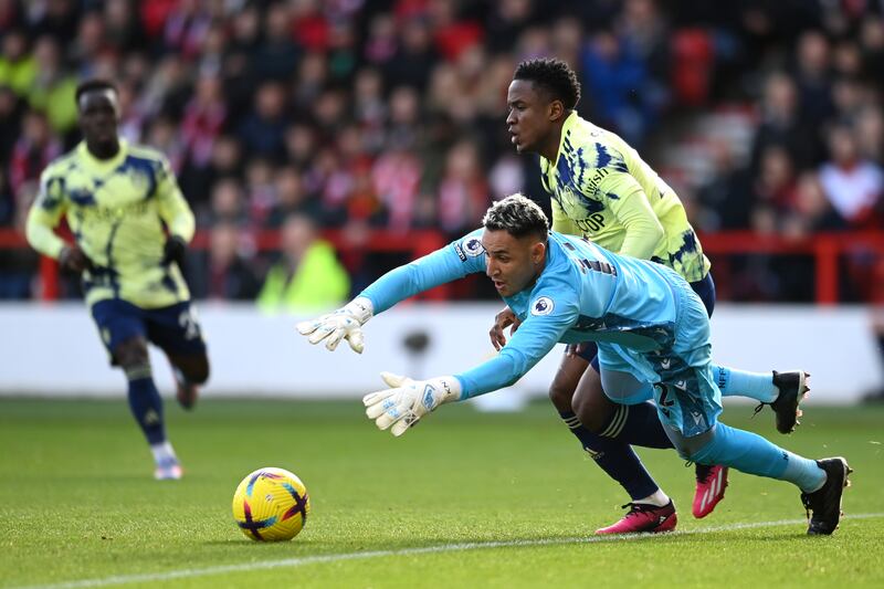 Keylor Navas of Nottingham Forest makes a save from Luis Sinisterra of Leeds United. Getty