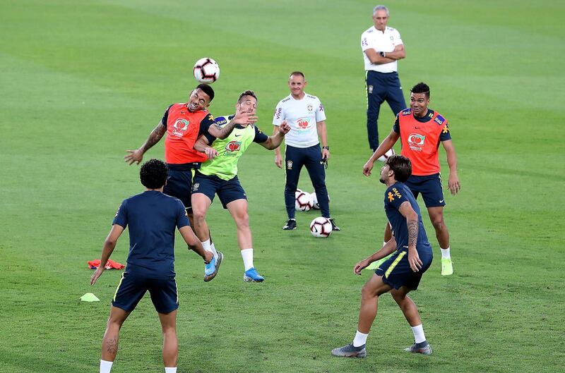 ABU DHABI, UNITED ARAB EMIRATES , Nov 12  – 2019 :- Players of Brazil football team during the training session at the Al Nahyan stadium in Abu Dhabi. ( Pawan Singh / The National )  For Sports. Story by Amith