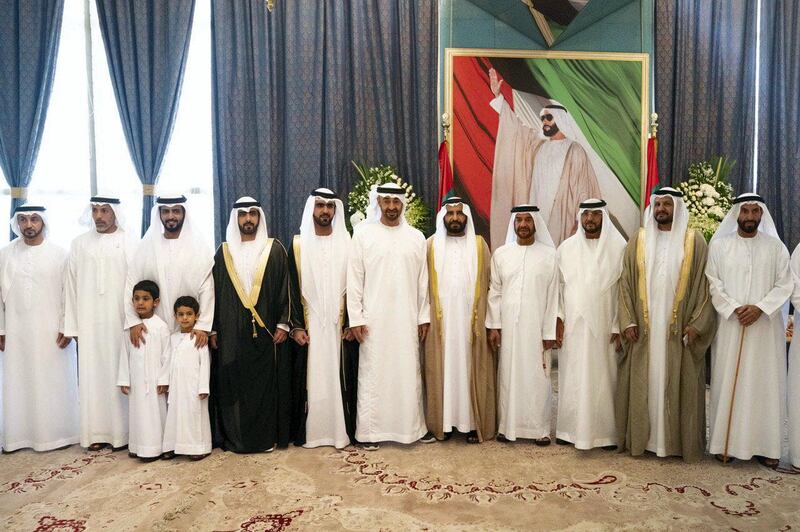 ABU DHABI, UNITED ARAB EMIRATES - June 08, 2019: HH Sheikh Mohamed bin Zayed Al Nahyan, Crown Prince of Abu Dhabi and Deputy Supreme Commander of the UAE Armed Forces (6th R), stand for a photograph during a wedding reception held for Hamad bin Kardous Al Ameri (7th R) and Mansour bin Kardous Al Ameri (8th R), at the Armed Forces Officers Club. Seen with HE Hamad Bin Kardous Al Ameri, General Manager of Zayed Bin Sultan Al Nahyan Foundation for Charitable and Humanitarian Affairs (2nd R), HH Sheikh Mohamed bin Butti Al Hamed (3rd R), HH Sheikh Suroor bin Mohamed Al Nahyan (4th R), Mohamed Bin Kardous Al Ameri (5th R), HH Major General Pilot Sheikh Ahmed bin Tahnoon bin Mohamed Al Nahyan, Chairman of the National and Reserve Service Authority (10th R) and HH Sheikh Saif bin Mohamed bin Butti Al Hamed (L).

( Hamad Al Kaabi / Ministry of Presidential Affairs )​
---
