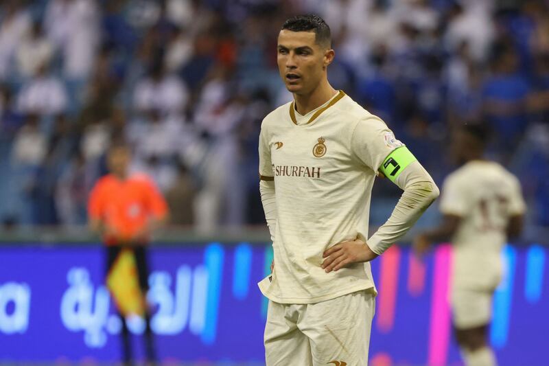 Al Nassr's Portuguese forward Cristiano Ronaldo looks on during the Saudi Pro League match against Al Hilal in Riyadh on April 18, 2023. Nassr lost the match 2-0. AFP