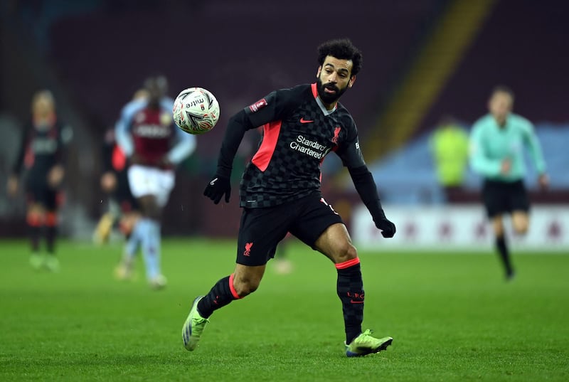 BIRMINGHAM, ENGLAND - JANUARY 08:  Mohamed Salah of Liverpool runs for the ball during the FA Cup Third Round match between Aston Villa and Liverpool on January 08, 2021 in Birmingham, England. (Photo by Shaun Botterill/Getty Images)