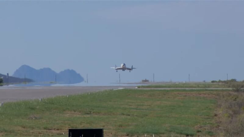 The VSS Unity spaceplane lands back at Spaceport America, New Mexico.
