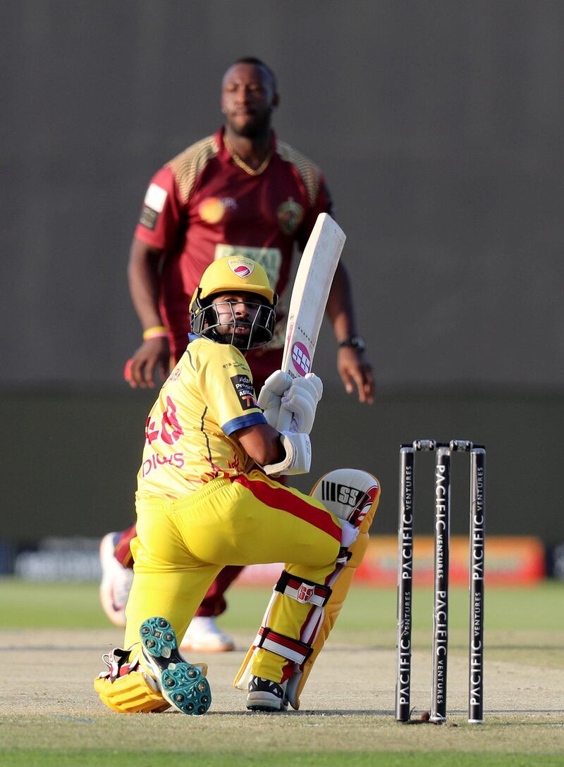 Abu Dhabi, United Arab Emirates - November 17, 2019: Abu Dhabi's Niroshan Dickwella plays a ramp shot during the game between Team Abu Dhabi and The Northern Warriors in the Abu Dhabi T10 league. Sunday the 17th of November 2019. Zayed Cricket Stadium, Abu Dhabi. Chris Whiteoak / The National