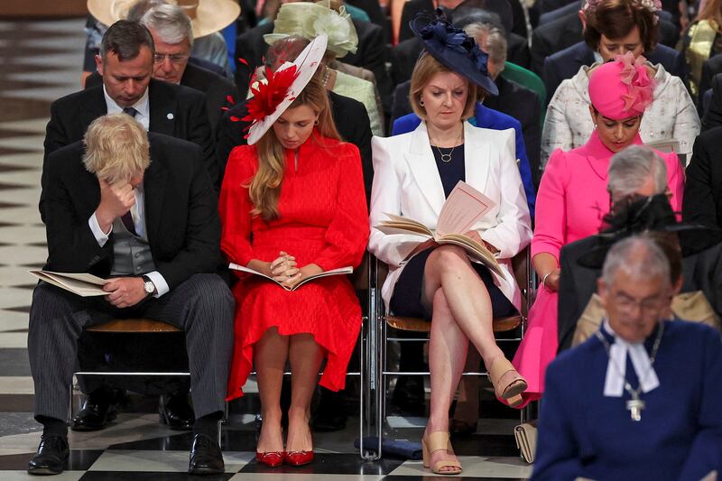 UK Prime Minister Boris Johnson, his wife Carrie Johnson, Foreign Secretary Liz Truss and Home Secretary Priti Patel at St Paul's Cathedral, London, during Queen Elizabeth II's Platinum Jubilee celebrations on Friday. AP Photo
