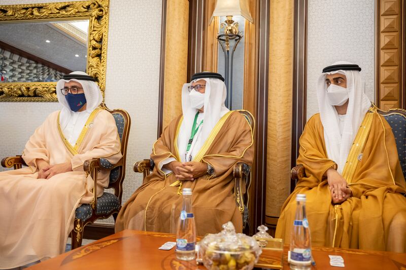 Sheikh Hamdan bin Mohamed bin Zayed; Dr Anwar bin Mohammed Gargash, Diplomatic Advisor to the UAE President; and Sheikh Abdullah bin Zayed, UAE Minister of Foreign Affairs and International Co-operation.