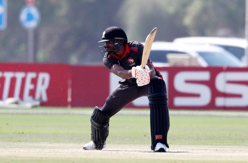 ABU DHABI , UNITED ARAB EMIRATES , October 24  – 2019 :- Zawar Farid of UAE playing a shot during the World Cup T20 Qualifiers between UAE vs Nigeria held at Tolerance Oval cricket ground in Abu Dhabi. UAE won the match by 5 wickets.  ( Pawan Singh / The National )  For Sports. Story by Paul