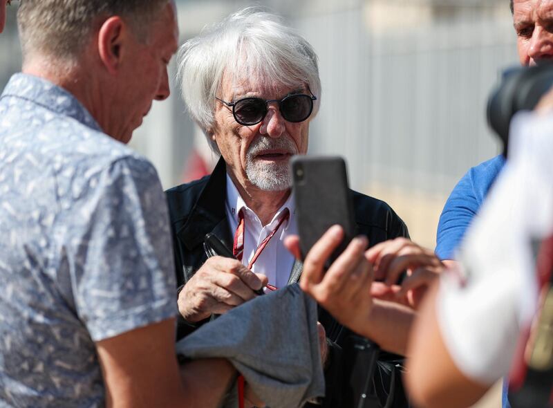 Abu Dhabi, U.A.E., November 23, 2018.  
Bernard Charles Ecclestone arrives at the paddocks area and immediately is approached by the fans.
Victor Besa / The National
Section:  NA
Reporter: