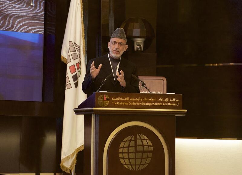 Hamid Karzai tells an audience at the Emirates Centre for Strategic Studies and Research that the UAE is a country that has blended modernity and traditional values. Vidhyaa for The National