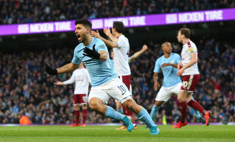 MANCHESTER, ENGLAND - JANUARY 06:  Sergio Aguero of Manchester City celebrates scoring his first goal during The Emirates FA Cup Third Round match between Manchester City and Burnley at Etihad Stadium on January 6, 2018 in Manchester, England.  (Photo by Alex Livesey/Getty Images)