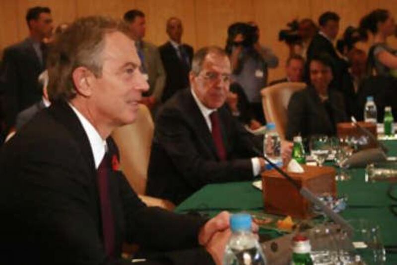 The former prime minister Tony Blair, far left to right, the Russian foreign minister Sergei Lavrov and the US Secretary of State Condoleezza Rice attend a meeting of Middle East peace sponsors in the Red Sea resort of Sharm el Shiekh on Nov 9 2008.