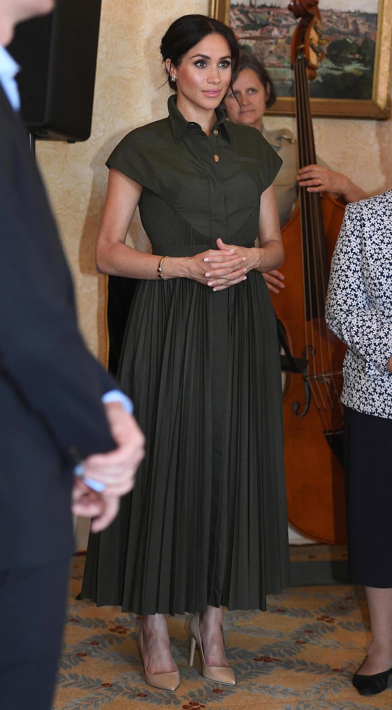 Meghan, Duchess of Sussex, wears Brandon Maxwell in Sydney, Australia, on October 16, 2018. AP