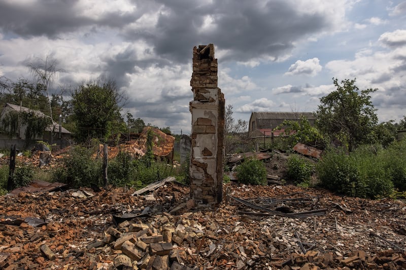 The rubble of a house in Moshchun village, about 20 kilometres outside Kyiv. EPA