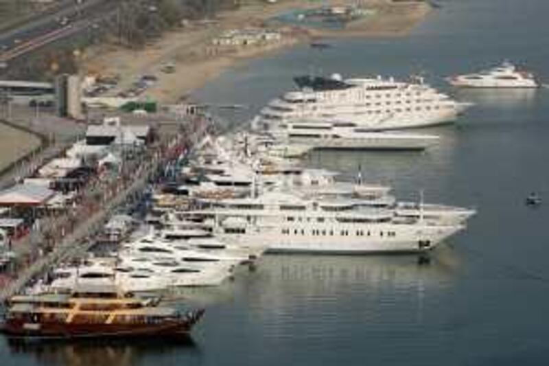 ABU DHABI, UNITED ARAB EMIRATES - March 13, 2009: Aerial photographs of the Abu Dhabi Yacht Show, held at the Marina across from the Abu Dhabi National Exhibition Centre. 
( Ryan Carter / The National )
 *** Local Caption ***  RC001-ADYachtAerial.JPG