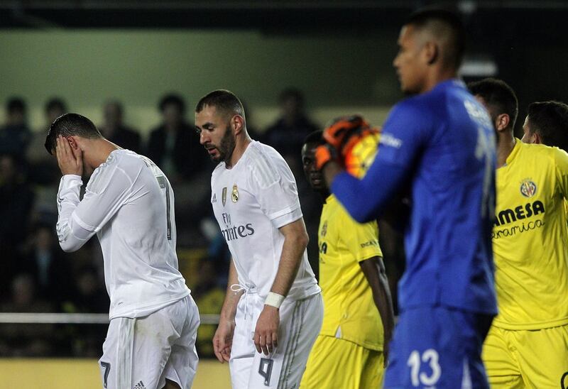 Cristiano Ronaldo, left, and Karim Benzema, centre, could not find a way past the Villarreal defence. Jose Jordan / AFP 

