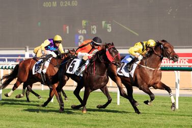 Richard Mullen rides Kaheall (in front) to victory on his local debut at Meydan on Sunday, February 6, 2022. – DHRIC