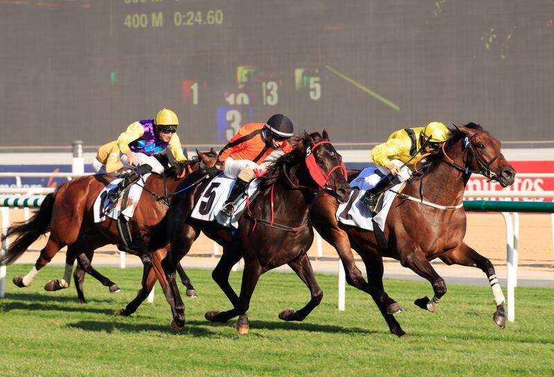 Richard Mullen rides Kaheall (in front) to victory on his local debut at Meydan on Sunday, February 6, 2022. Photo: DHRIC