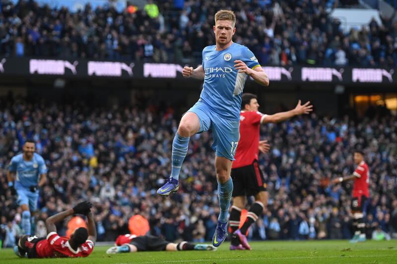 Kevin de Bruyne - 9: Dream start with low finish after just five minutes for 50th Premier League goal. Denied another by smart De Gea save, then did lash home second just before half-hour mark. Picked out Mahrez with perfect corner for third goal. Big game from a big-game player. Getty