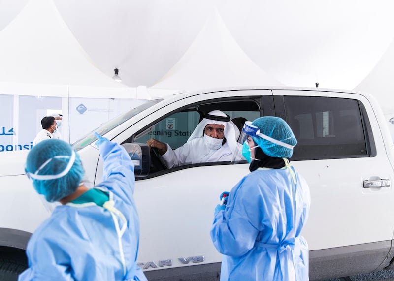 Ras Al Khaimah, UNITED ARAB EMIRATES. 30 APRIL 2020. 
A visitor gets tested at SEHA’s Ras Al Khaimah Covid-19 drive-through testing centre.
(Photo: Reem Mohammed/The National)

Reporter:
Section: